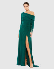 Best Sellers | Women Mac Duggal Beaded Cuff Drop Shoulder Faux Wrap Dress Emerald