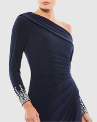 Best Sellers | Women Mac Duggal Beaded Cuff Drop Shoulder Faux Wrap Dress Midnight