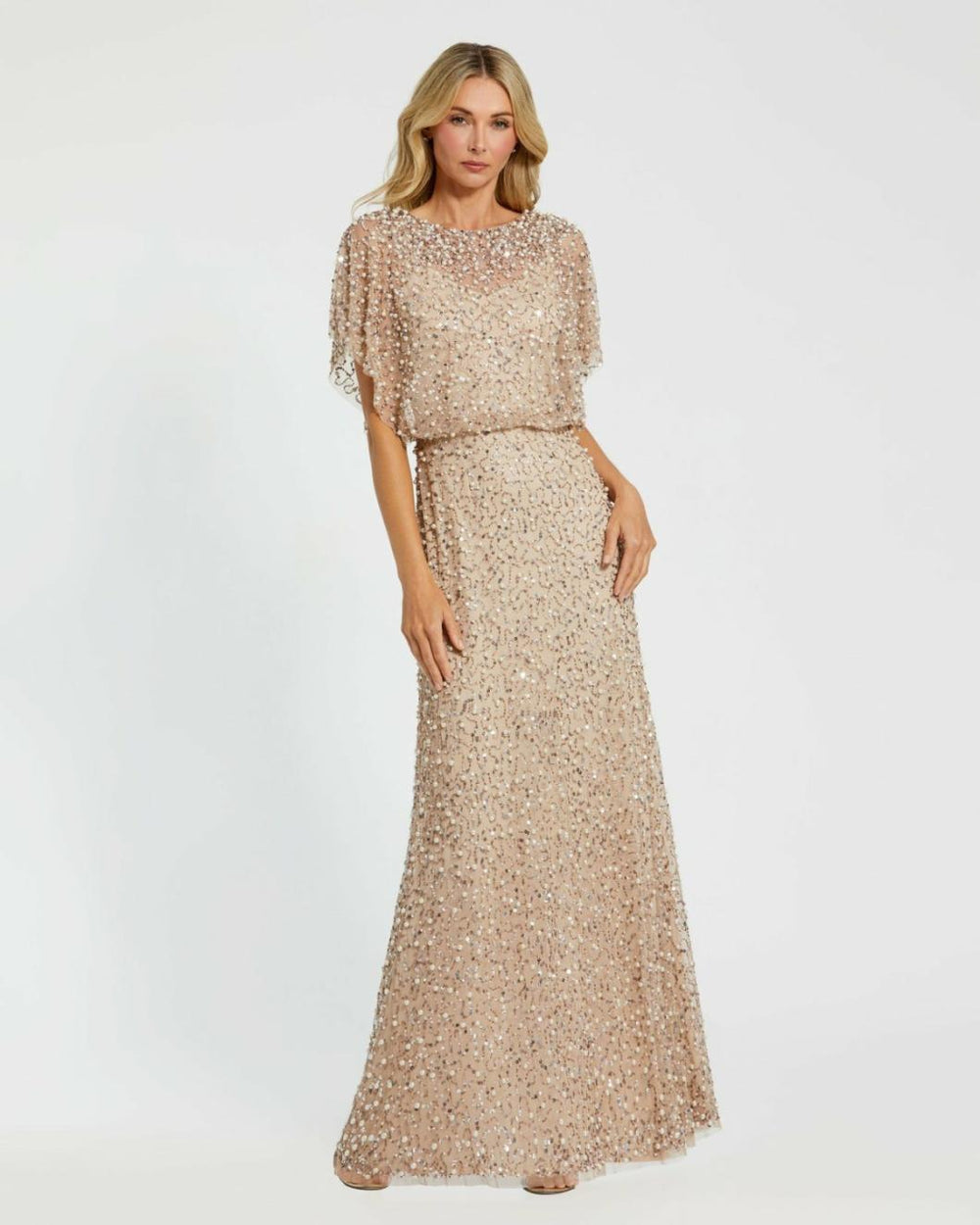 Best Sellers | Women Mac Duggal Beaded Mesh Gown With Shawl Nude Gold
