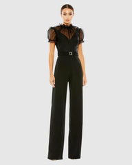 Best Sellers | Women Mac Duggal Black Belted Illusion High Neck Cap Sleeve Jumpsuit Black