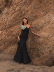 Best Sellers | Women Mac Duggal Black Crepe One Shoulder Gown With Flower Black