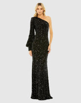 Best Sellers | Women Mac Duggal Black Sequined One Shoulder Bishop Sleeve Trumpet Gown Black