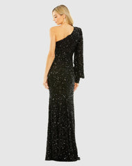 Best Sellers | Women Mac Duggal Black Sequined One Shoulder Bishop Sleeve Trumpet Gown Black
