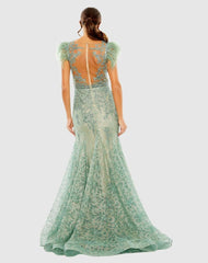 Best Sellers | Women Mac Duggal Embellished Feather Cap Sleeve Illusion Neck Trumpet Gown Sage