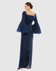 Best Sellers | Women Mac Duggal Flounce Sleeve Square Neck Column Gown Navy