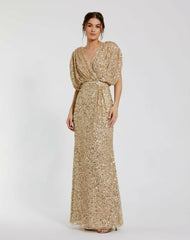 Best Sellers | Women Mac Duggal Gold Draped Sleeve V Neck Gown Nude Gold
