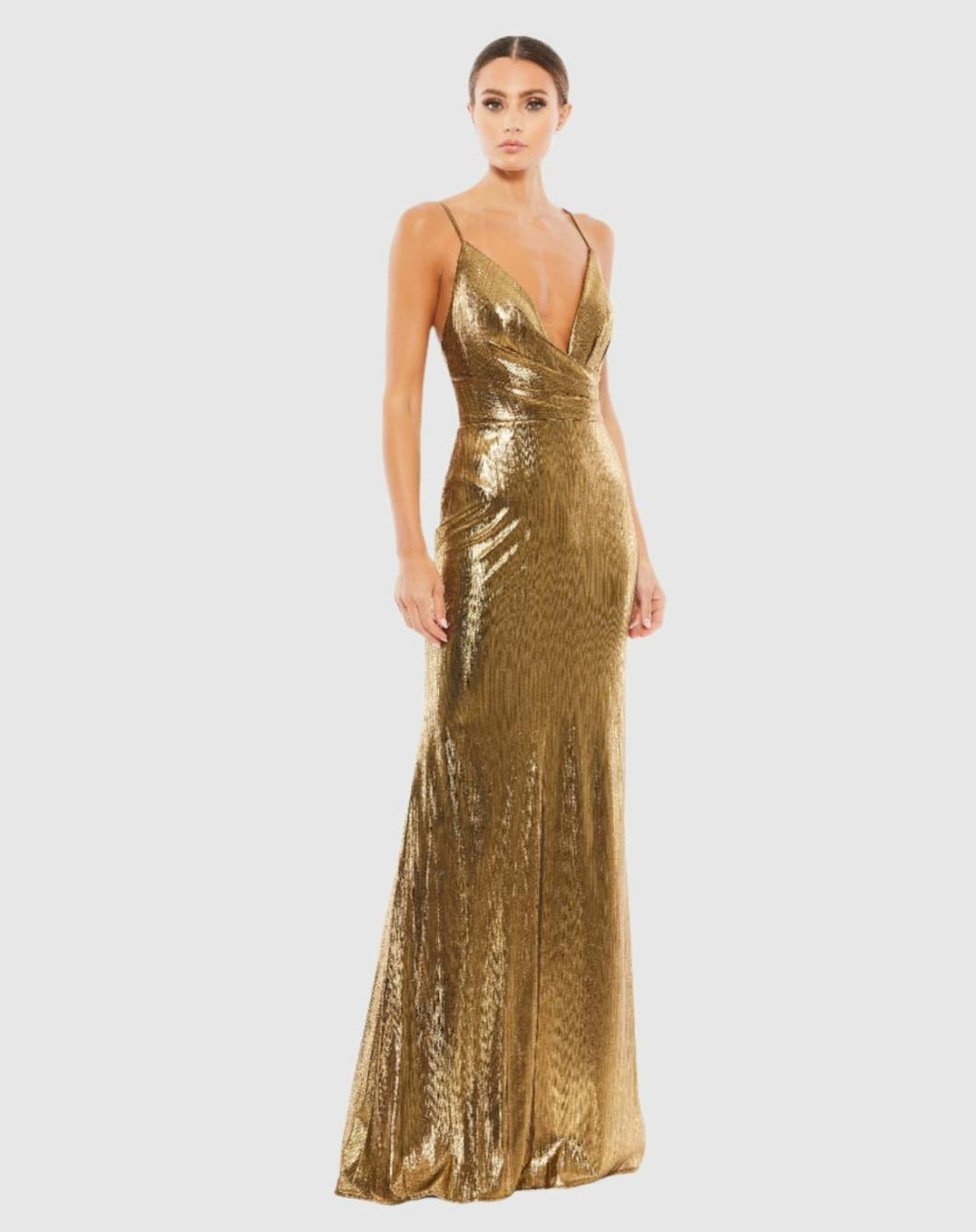 Best Sellers | Women Mac Duggal Gold Metallic Faux Wrap Spaghetti Strap Gown Bronze