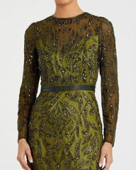 Best Sellers | Women Mac Duggal Green Beaded Long Sleeve Evening Gown Olive
