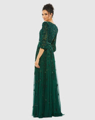 Best Sellers | Women Mac Duggal Green Embellished V Neck 3/4 Sleeve A Line Gown Deep Emerald