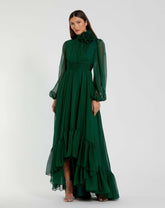 Best Sellers | Women Mac Duggal High Low Long Sleeve Chiffon Gown With 3D Flower Emerald