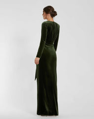 Best Sellers | Women Mac Duggal Long Sleeve Deep V Draped Velvet Gown Olive