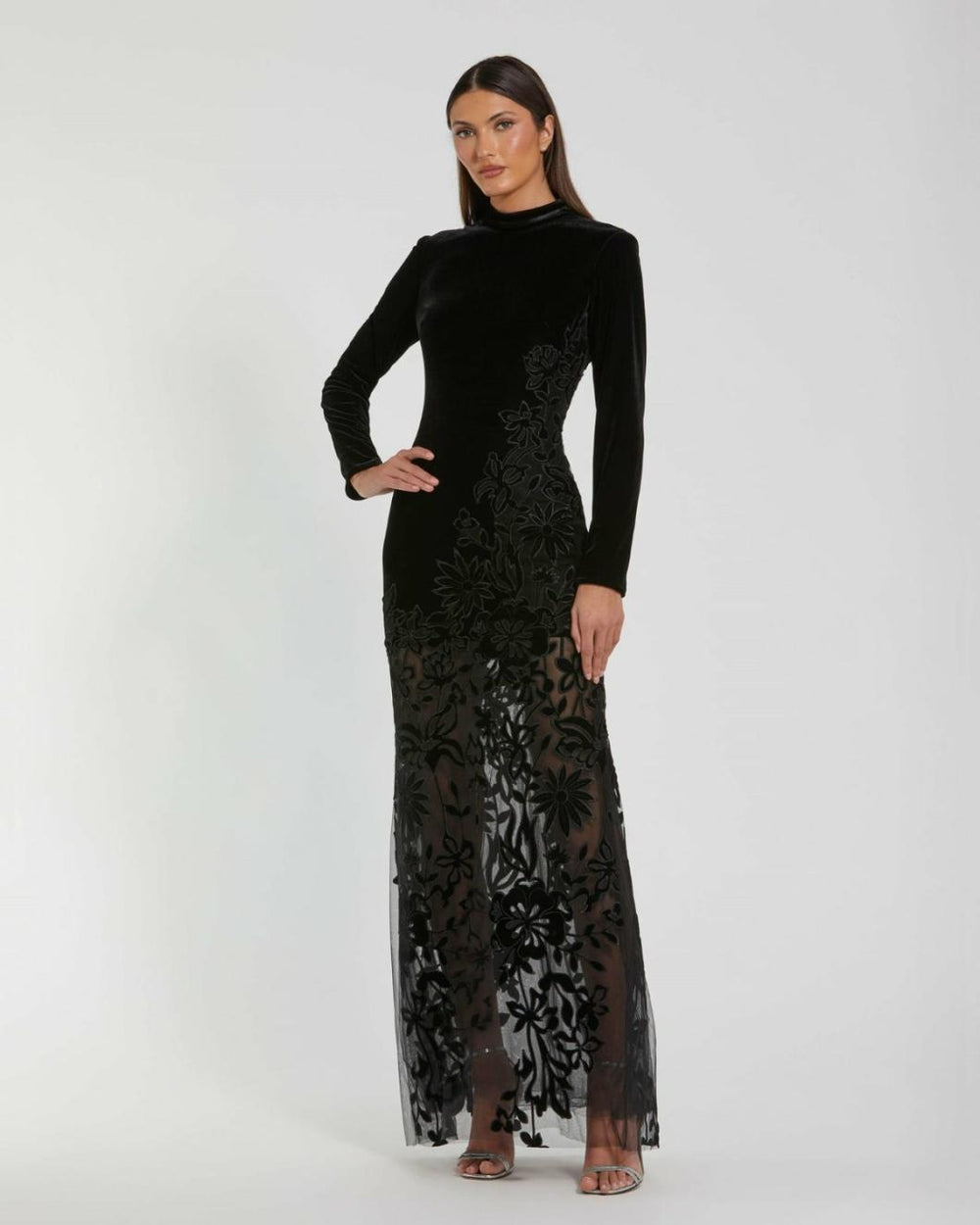 Best Sellers | Women Mac Duggal Long Sleeve Sheer Floral Embroidered Velvet Gown Black