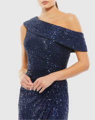 Best Sellers | Women Mac Duggal Navy Sequined Drop Shoulder Gown Midnight