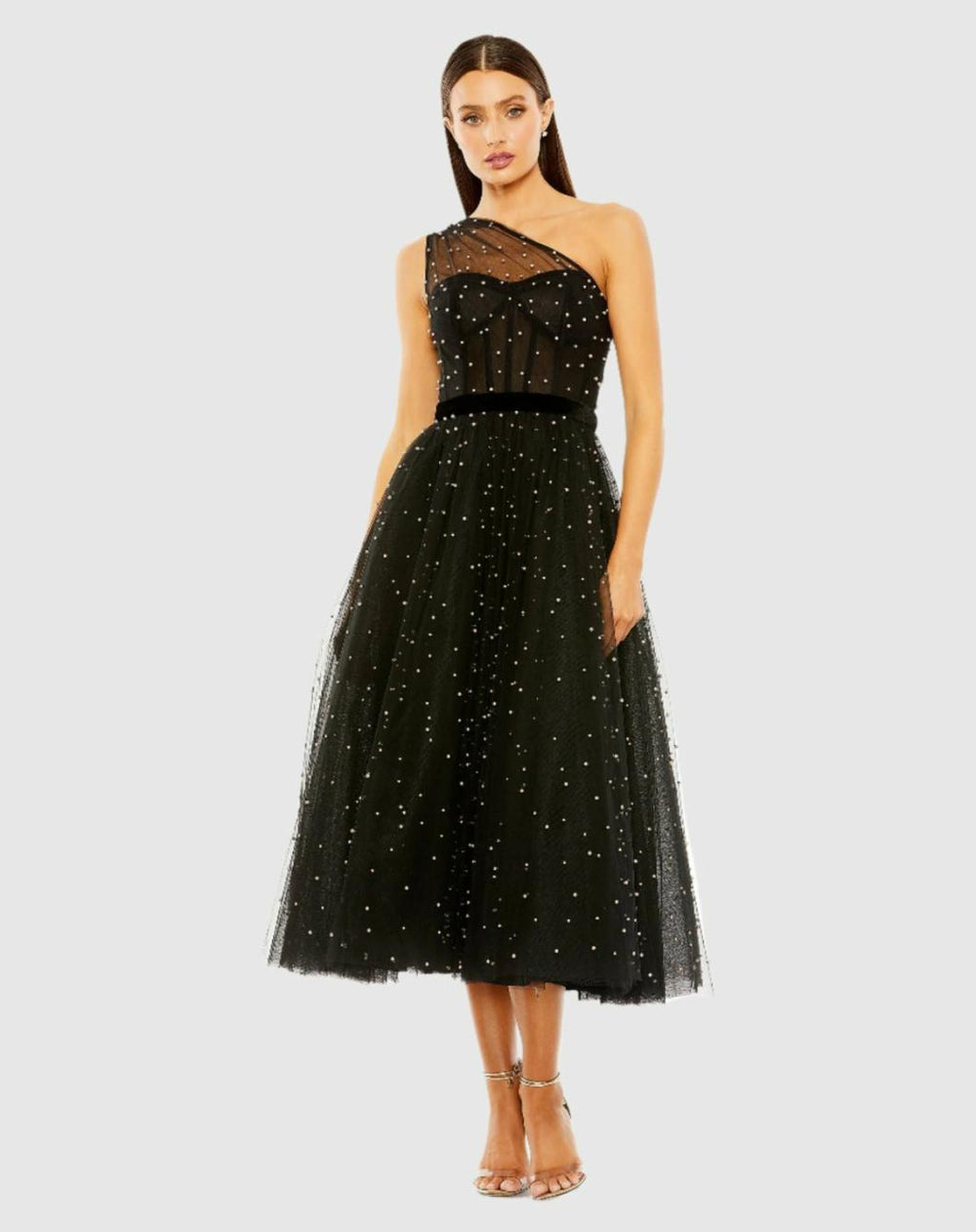 Best Sellers | Women Mac Duggal One Shoulder Pearl Beaded Midi Ballgown Black