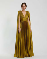 Best Sellers | Women Mac Duggal Pleated Charmeuse V Neck Gown With Cape Chartreuse