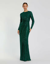 Best Sellers | Women Mac Duggal Sequined Long Sleeve Side Knot Dress Emerald