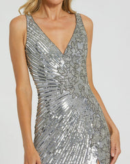 Best Sellers | Women Mac Duggal Silver Beaded Floral Sleeveless Gown Silver