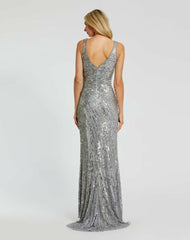 Best Sellers | Women Mac Duggal Silver Beaded Floral Sleeveless Gown Silver