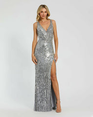 Best Sellers | Women Mac Duggal Silver Beaded Floral Sleeveless Gown Silver