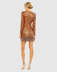 Best Sellers | Women Mac Duggal V Neck Long Sleeve Sequin Dress With Fringe Detail Copper
