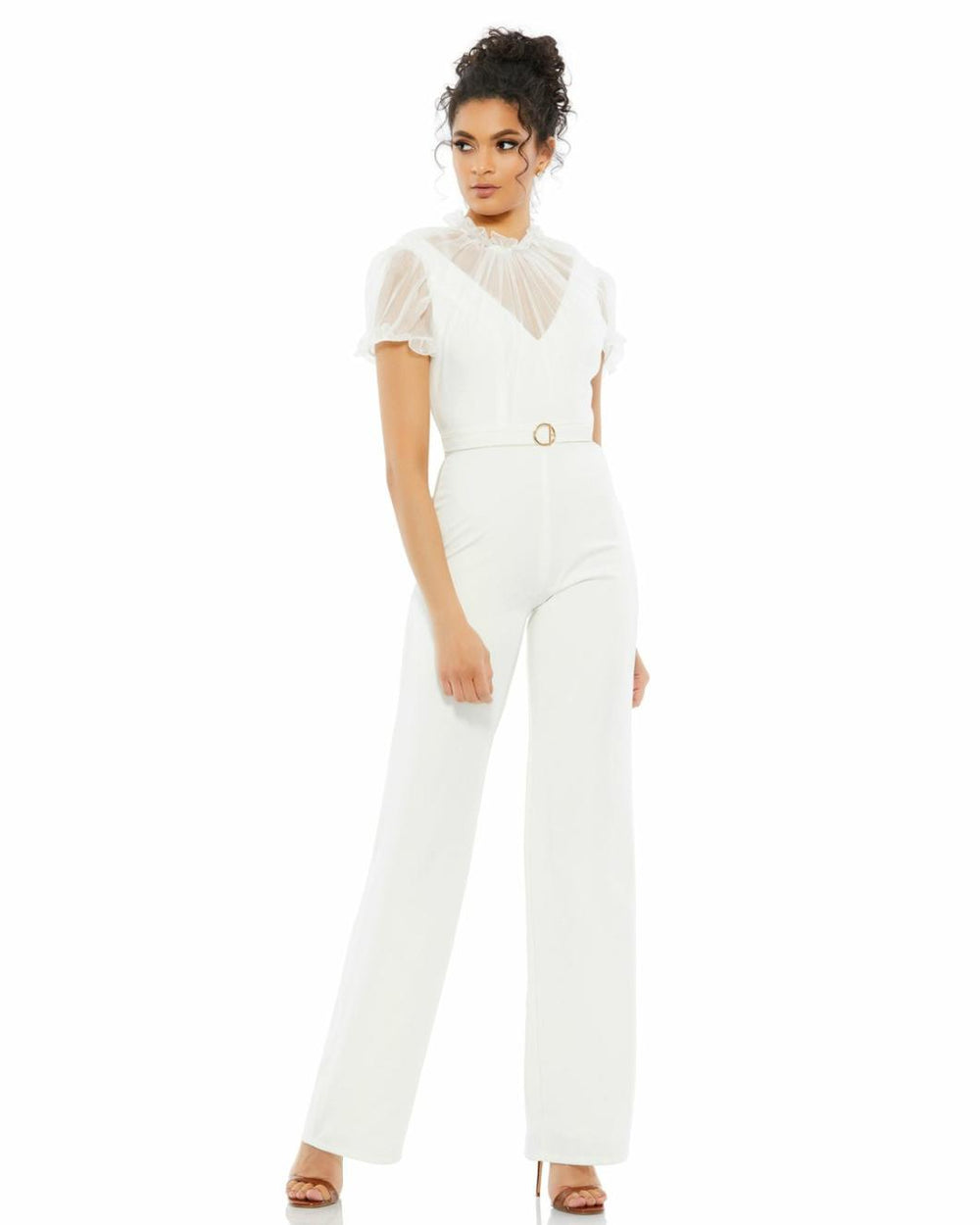 Best Sellers | Women Mac Duggal White Belted Illusion High Neck Cap Sleeve Jumpsuit White