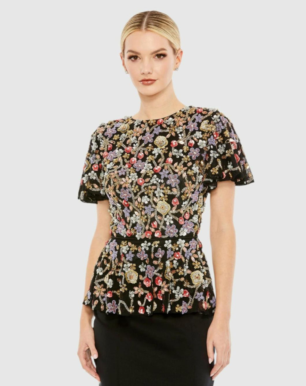 Blouses And Tops | Women Mac Duggal Floral Embellished Butterfly Sleeve Peplum Top - FINAL SALE Black Multi