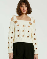 Blouses And Tops | Women Mac Duggal Ivory Chunky Knit Off The Shoulder Grommet Cropped Sweater Cream