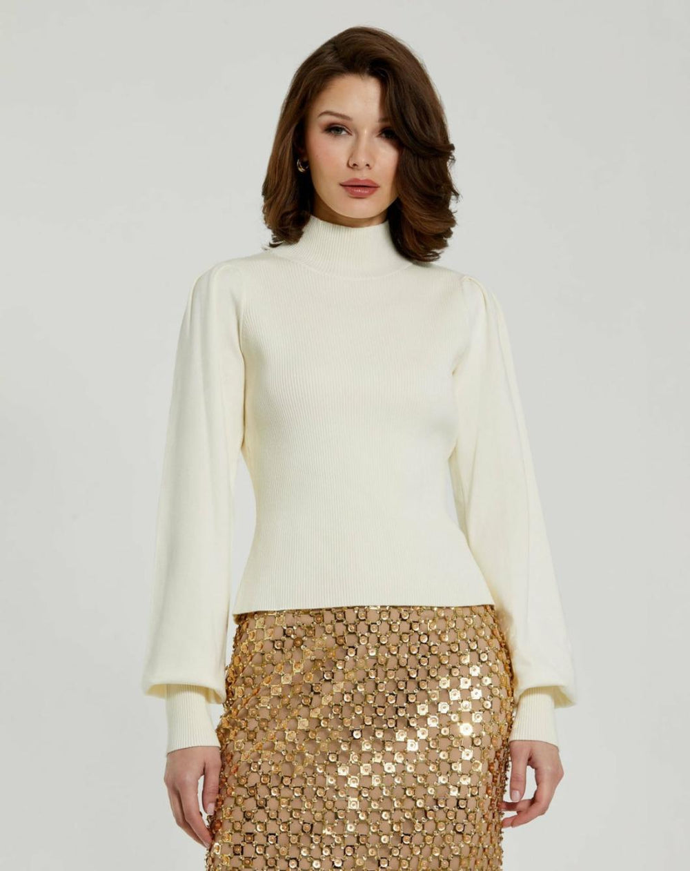 Blouses And Tops | Women Mac Duggal Ivory Ribbed Knit Balloon Sleeve Turtle Neck Sweater - FINAL SALE Ivory