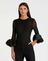Blouses And Tops | Women Mac Duggal Mesh Long Sleeve Bodysuit With Satin Puff Sleeve - FINAL SALE Black