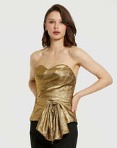 Blouses And Tops | Women Mac Duggal Metallic Lamé Strapless Wrap Top With Bow Detail Gold