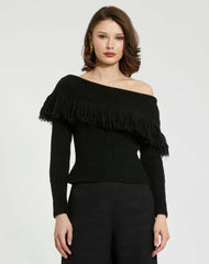 Blouses And Tops | Women Mac Duggal Off The Shoulder Fringe Knit Sweater - FINAL SALE Black