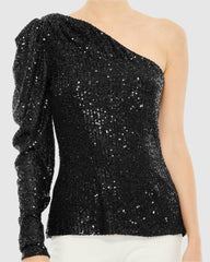 Blouses And Tops | Women Mac Duggal One Shoulder Puff Sleeve Sequin Top - FINAL SALE Black