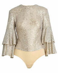 Blouses And Tops | Women Mac Duggal Ruffle 3/4 Sleeve Sequin Bodysuit - FINAL SALE Nude