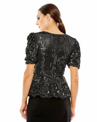 Blouses And Tops | Women Mac Duggal Sequined Puff Sleeve Faux Wrap Top Black