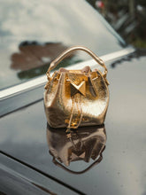 Bucket Bags | Women Mac Duggal Crinkle Metallic Gold Leather Mini Bucket Bag With Detachable Strap - Gold