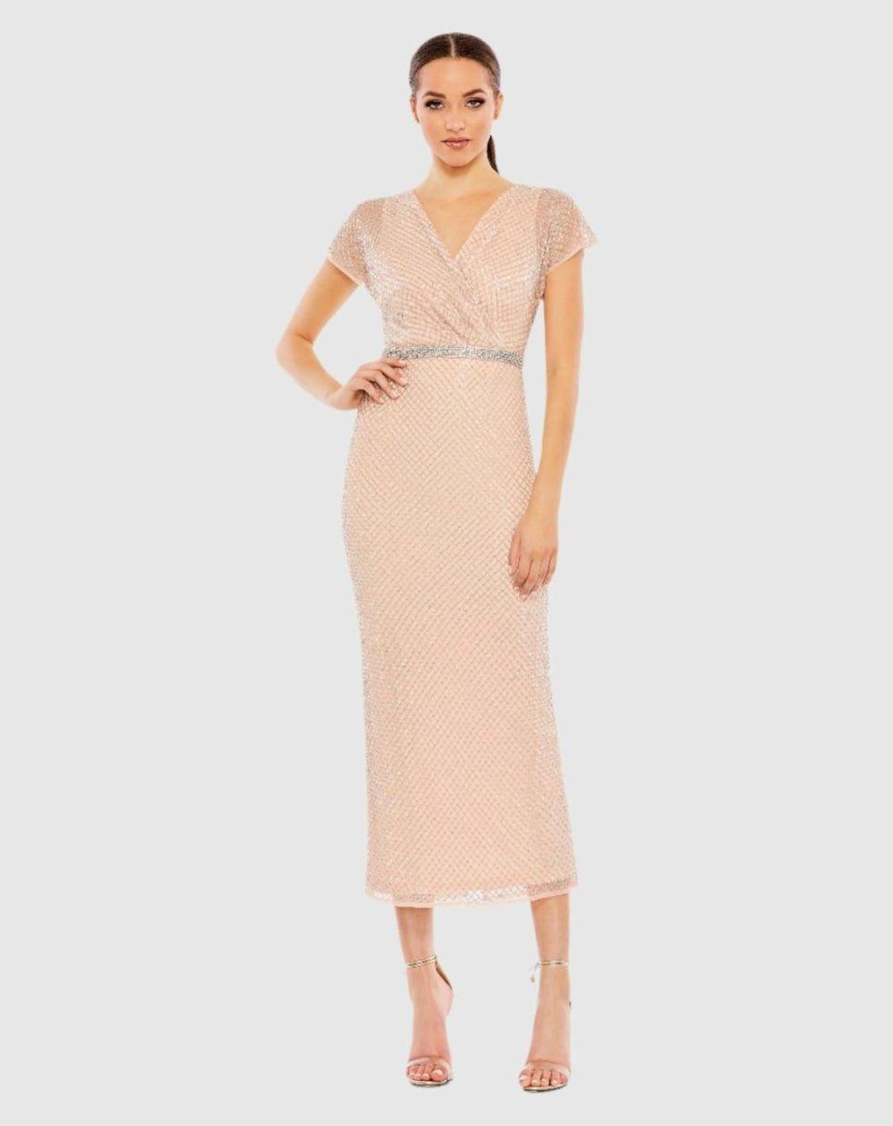 Cocktail Dresses | Women Mac Duggal Beaded Wrap V-Neck Short Sleeve Dress Rose