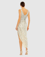 Cocktail Dresses | Women Mac Duggal Beige And Silver Sequined Faux Wrap Sleeveless Midi Dress Nude Silver
