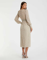Cocktail Dresses | Women Mac Duggal Beige Sequined V Neck Bishop Sleeve Dress Nude