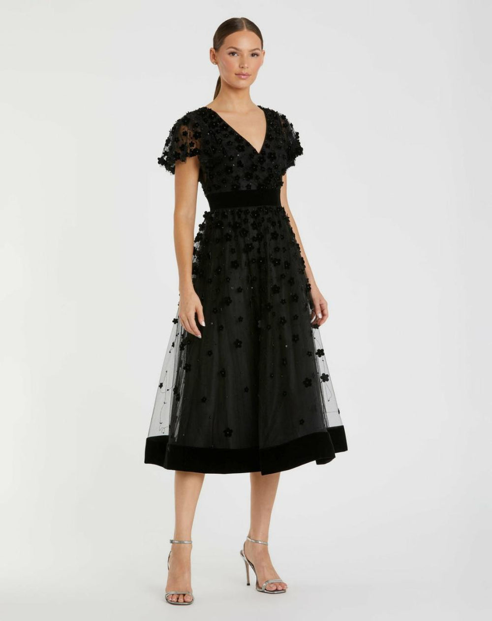 Cocktail Dresses | Women Mac Duggal Black Embellished Butterfly Sleeve Velvet Hem Midi Dress Black