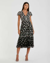 Cocktail Dresses | Women Mac Duggal Black Multicolor Embroidered V Neck Cap Sleeve Midi Dress Black Multi