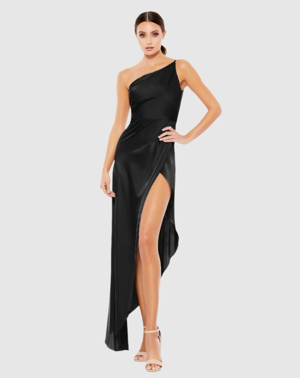 Cocktail Dresses | Women Mac Duggal Black One Shoulder Hi-Low Draped Charmeuse Dress Black