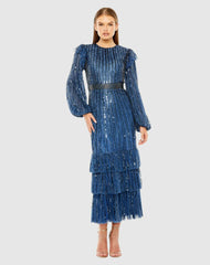 Cocktail Dresses | Women Mac Duggal Blue Long Sleeve Ruffle Detail Sequin Dress Midnight