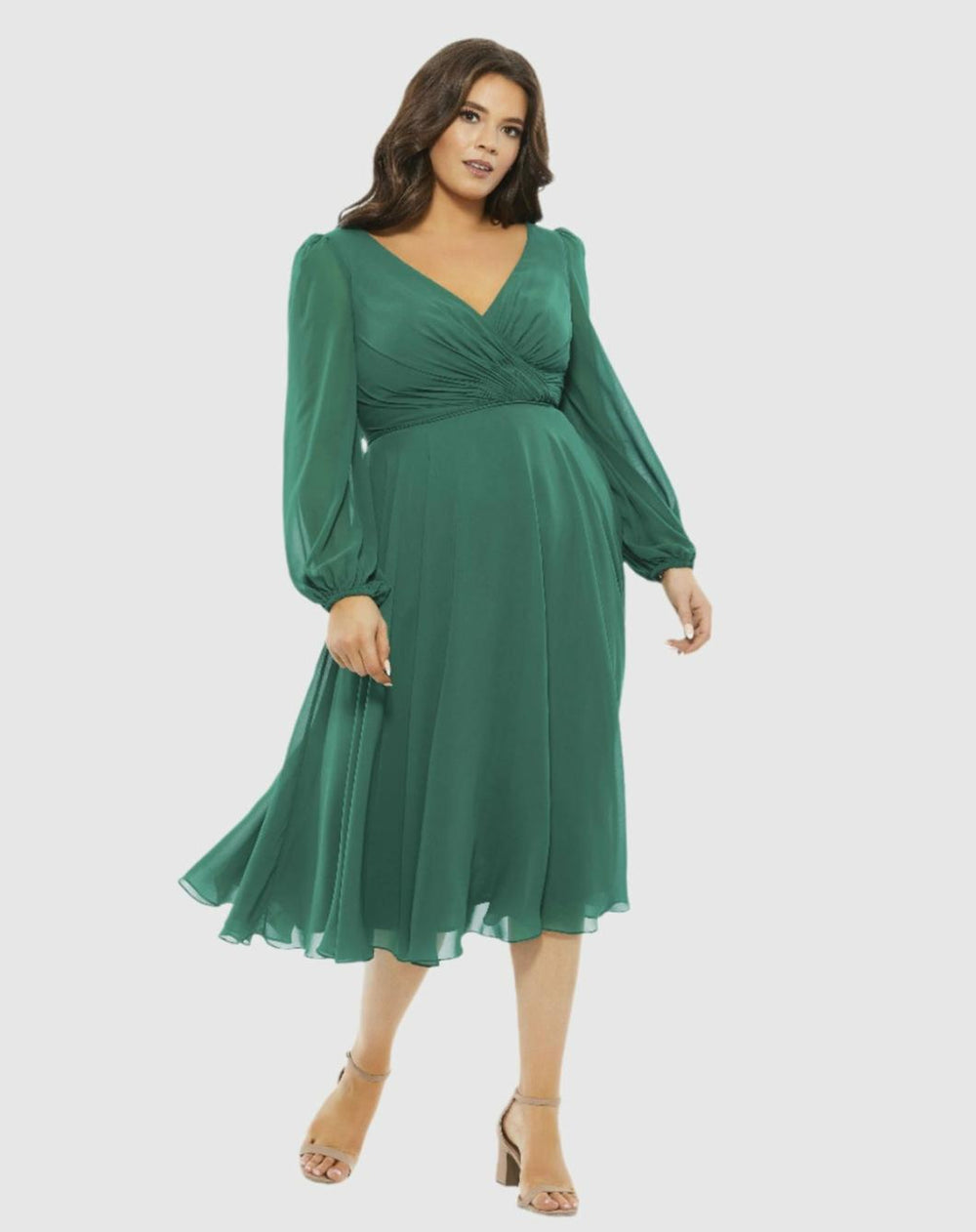 Cocktail Dresses | Women Mac Duggal Chiffon Bishop Sleeve Surplice Dress (Plus) Emerald Green