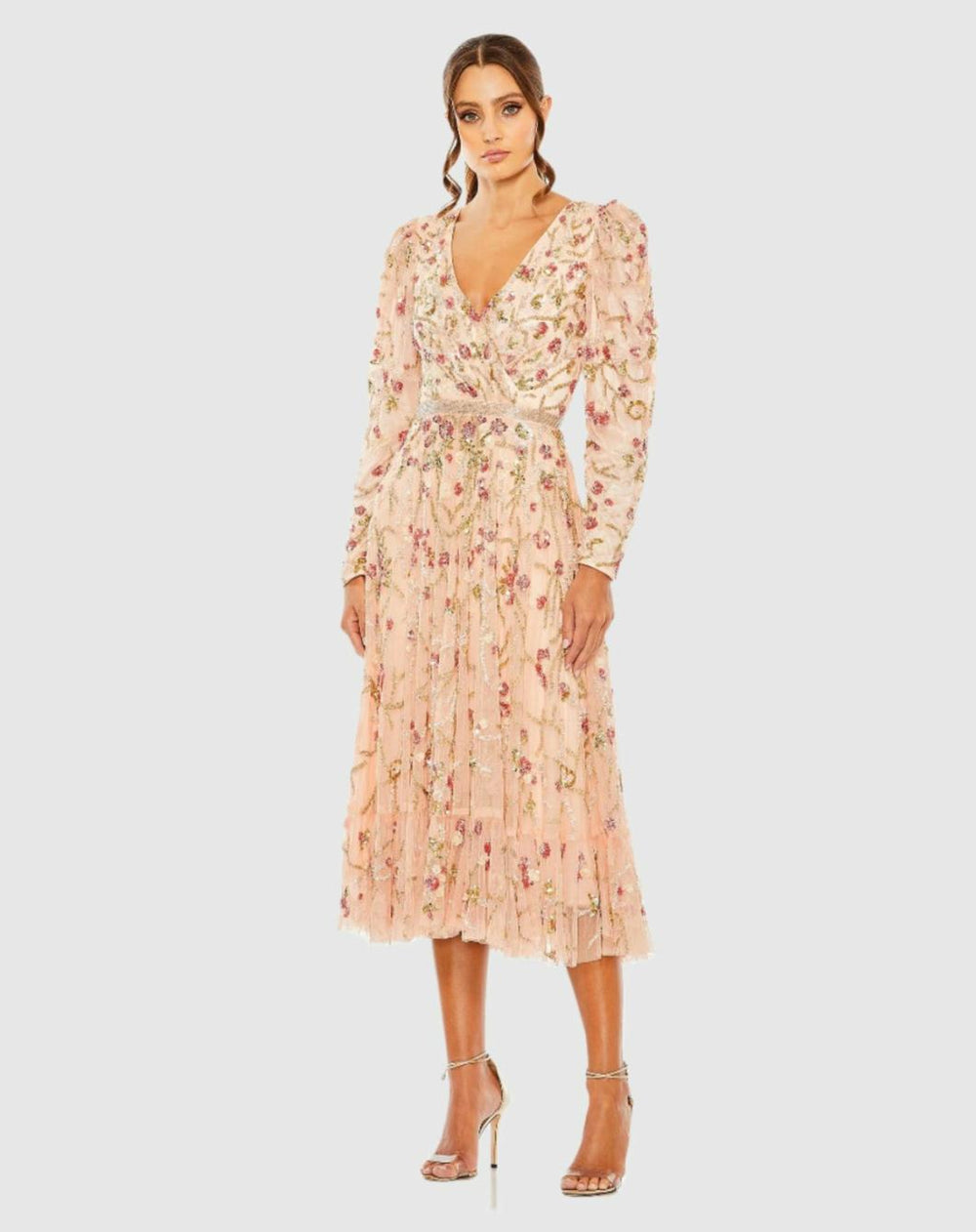 Cocktail Dresses | Women Mac Duggal Floral Embellished Wrap Over Puff Sleeve A Line Dress Blush Multi