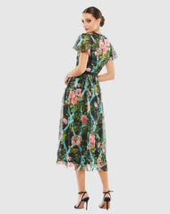 Cocktail Dresses | Women Mac Duggal Floral Illusion Cap Sleeve Midi Dress Black Multi