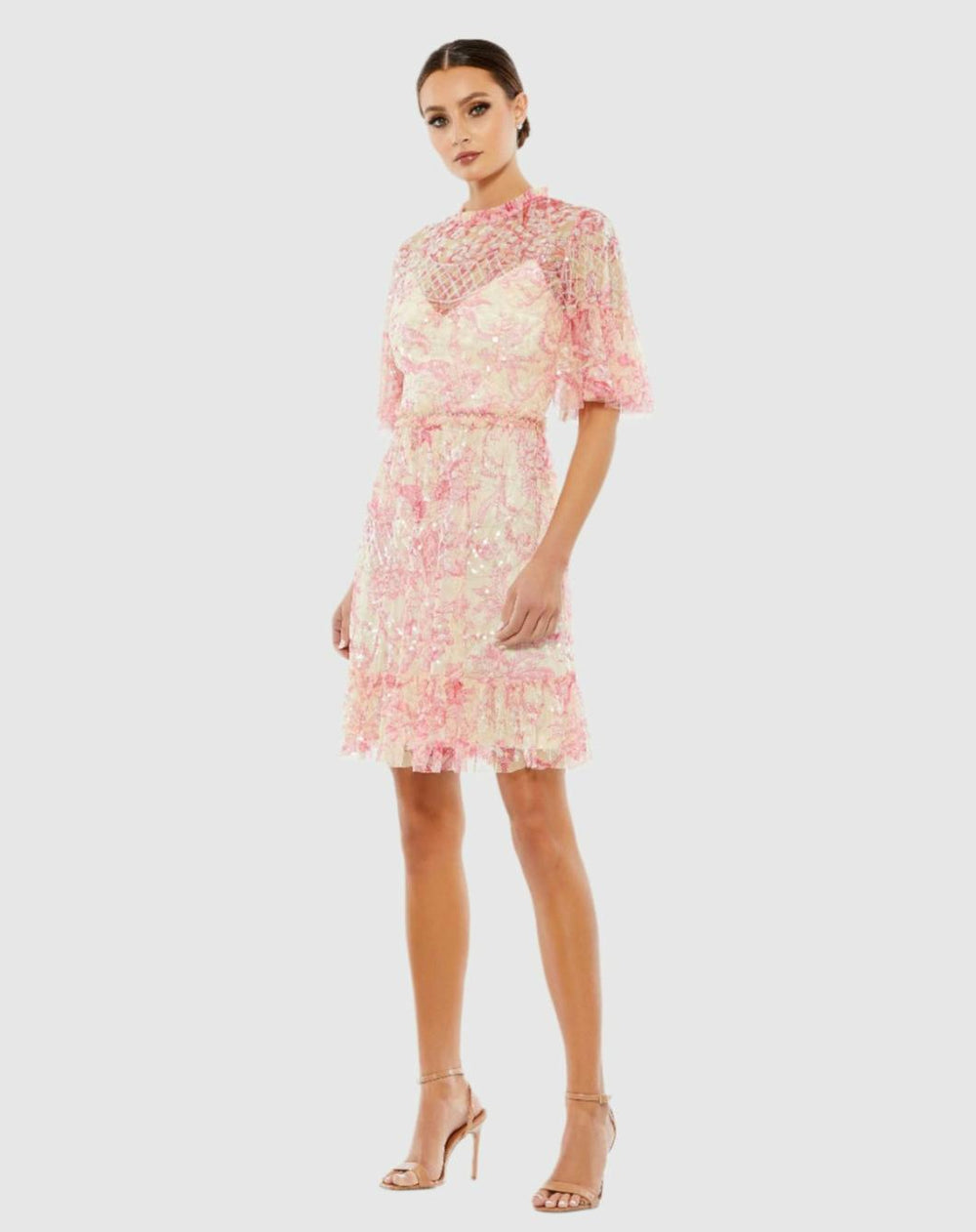 Cocktail Dresses | Women Mac Duggal Flounce Sleeve Floral Embellished Dress Blush Multi
