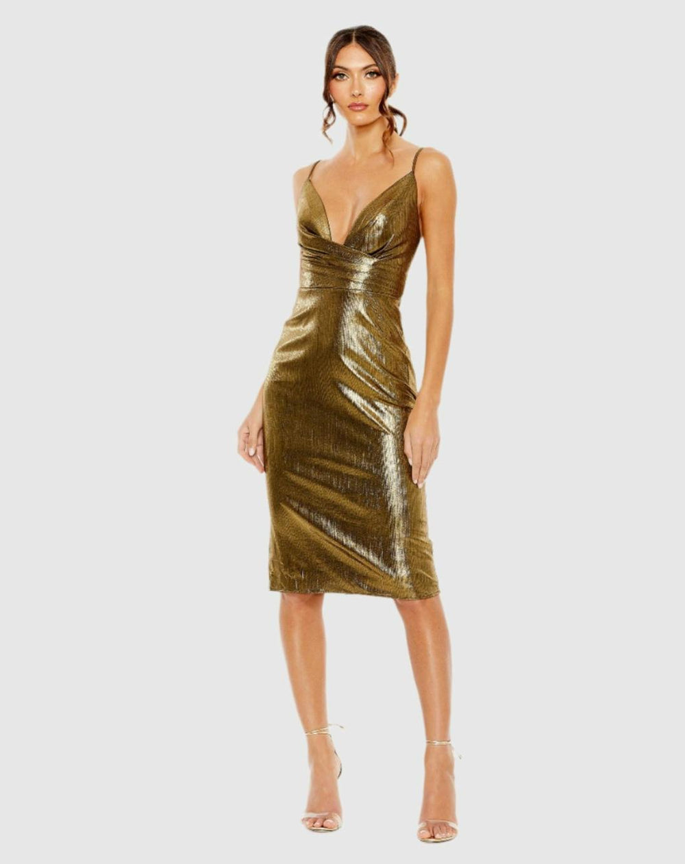 Cocktail Dresses | Women Mac Duggal Gold Metallic V Neck Midi Dress Antique Gold
