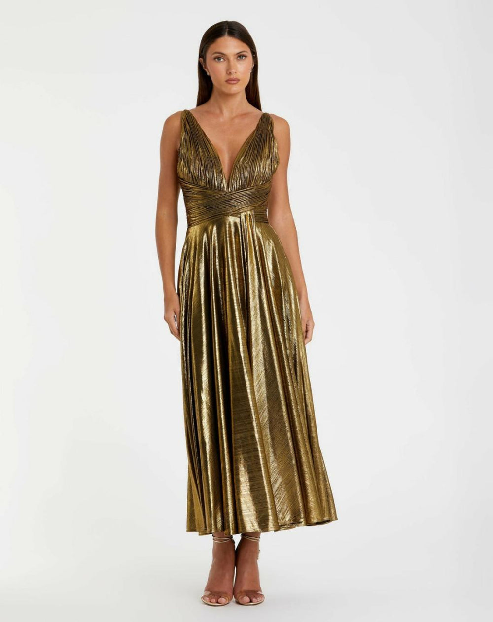 Cocktail Dresses | Women Mac Duggal Gold Sleeveless V Neck Pleated Top Metallic Dress Antique Gold