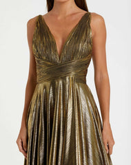 Cocktail Dresses | Women Mac Duggal Gold Sleeveless V Neck Pleated Top Metallic Dress Antique Gold