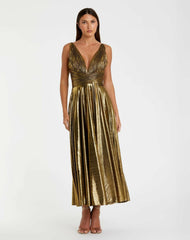 Cocktail Dresses | Women Mac Duggal Gold Sleeveless V Neck Pleated Top Metallic Dress Antique Gold
